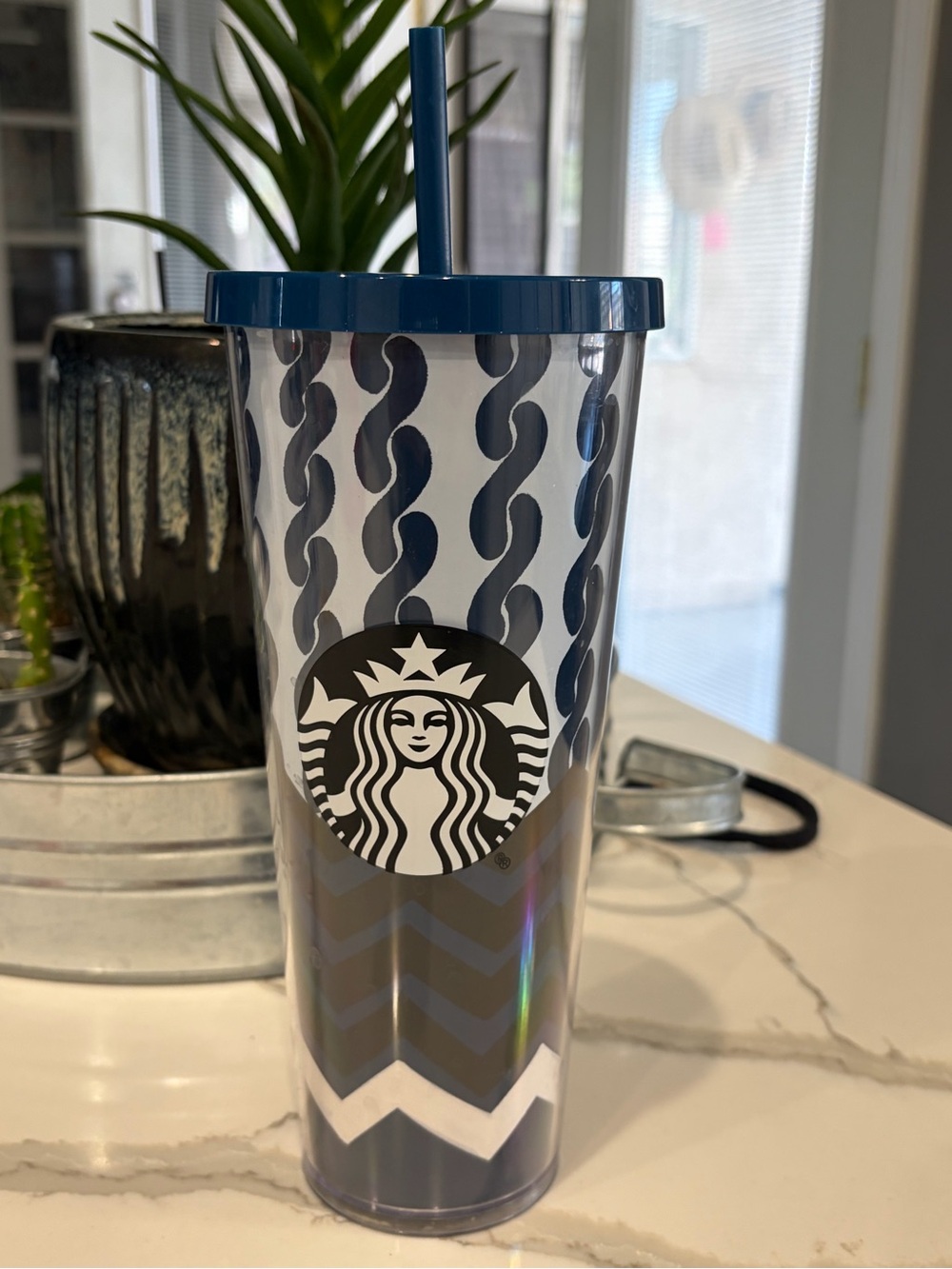 Starbucks Navy and White Chevron Tumbler with Blue Lid